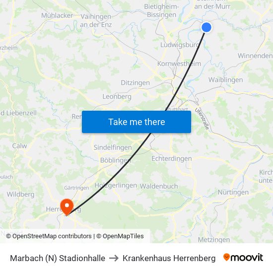 Marbach (N) Stadionhalle to Krankenhaus Herrenberg map