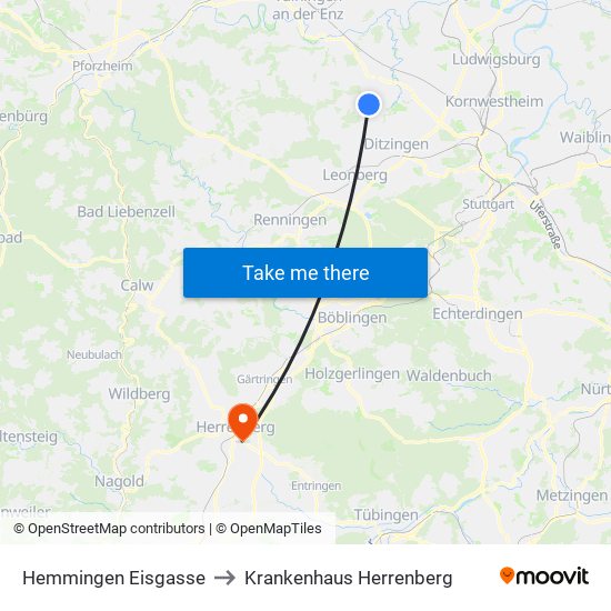 Hemmingen Eisgasse to Krankenhaus Herrenberg map