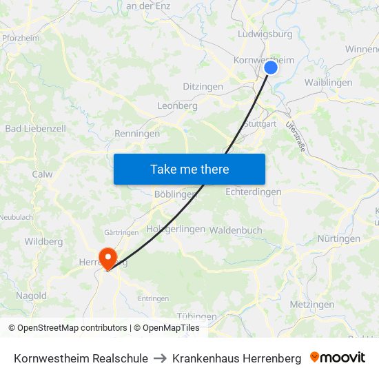 Kornwestheim Realschule to Krankenhaus Herrenberg map