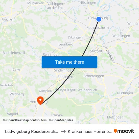 Ludwigsburg Residenzschloss to Krankenhaus Herrenberg map