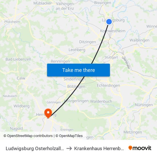 Ludwigsburg Osterholzallee to Krankenhaus Herrenberg map