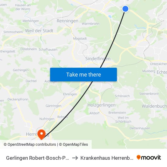Gerlingen Robert-Bosch-Platz to Krankenhaus Herrenberg map