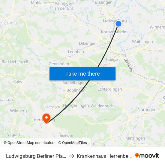 Ludwigsburg Berliner Platz to Krankenhaus Herrenberg map