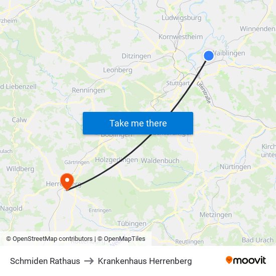 Schmiden Rathaus to Krankenhaus Herrenberg map