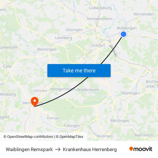 Waiblingen Remspark to Krankenhaus Herrenberg map