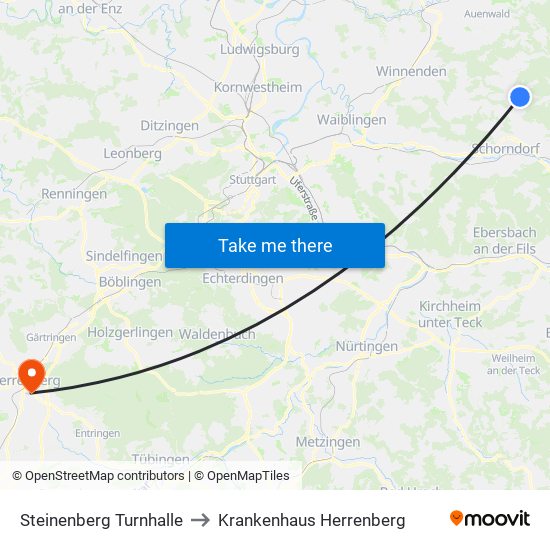 Steinenberg Turnhalle to Krankenhaus Herrenberg map