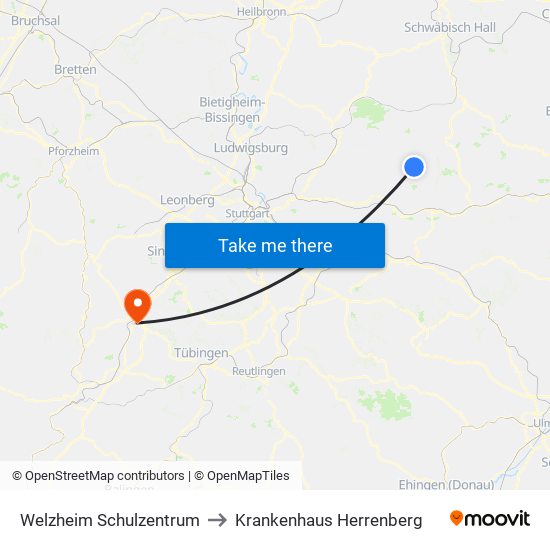 Welzheim Schulzentrum to Krankenhaus Herrenberg map