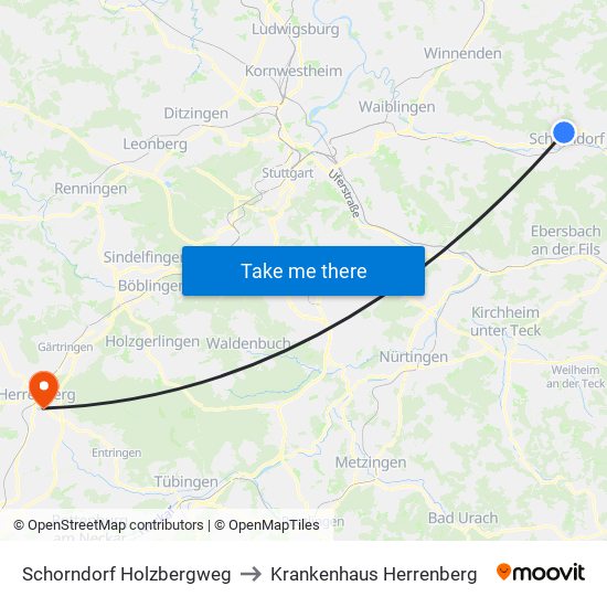 Schorndorf Holzbergweg to Krankenhaus Herrenberg map