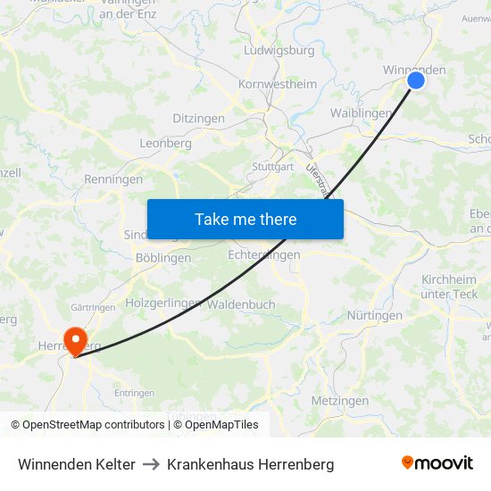 Winnenden Kelter to Krankenhaus Herrenberg map