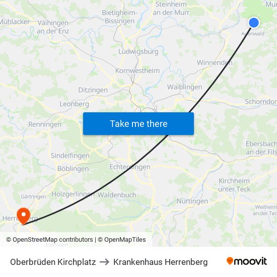 Oberbrüden Kirchplatz to Krankenhaus Herrenberg map