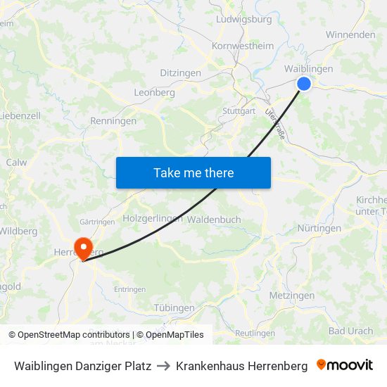 Waiblingen Danziger Platz to Krankenhaus Herrenberg map