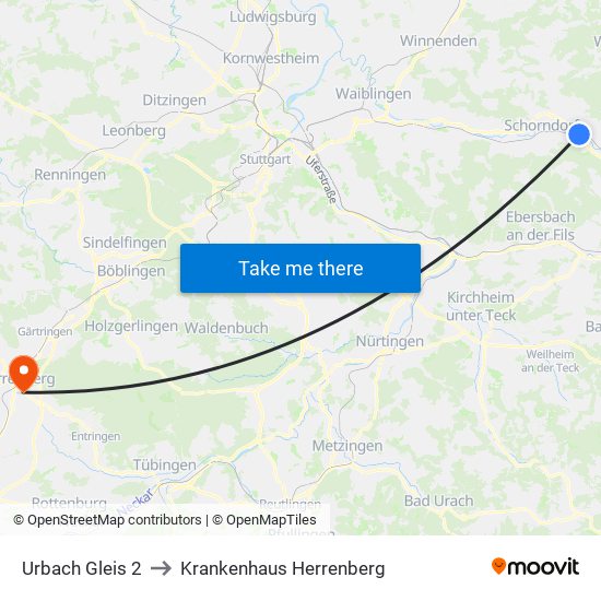 Urbach Gleis 2 to Krankenhaus Herrenberg map