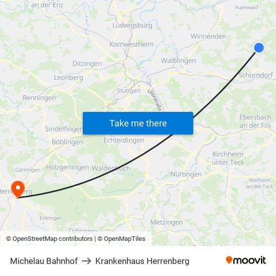 Michelau Bahnhof to Krankenhaus Herrenberg map
