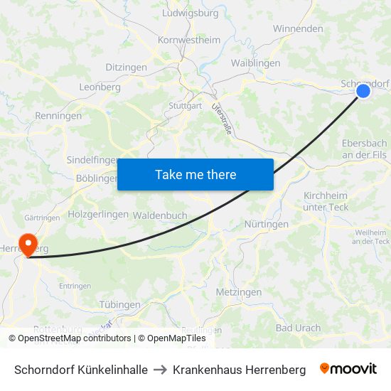 Schorndorf Künkelinhalle to Krankenhaus Herrenberg map