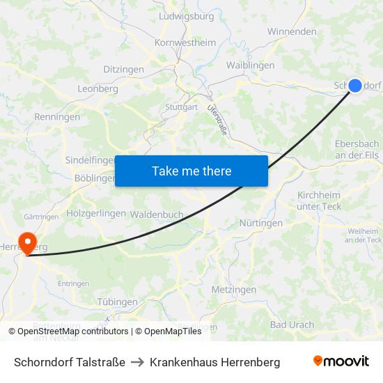 Schorndorf Talstraße to Krankenhaus Herrenberg map