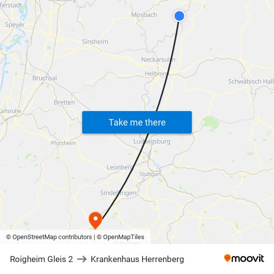Roigheim Gleis 2 to Krankenhaus Herrenberg map