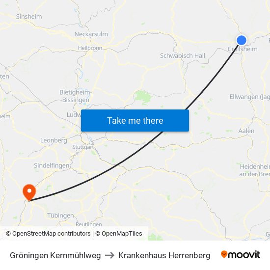 Gröningen Kernmühlweg to Krankenhaus Herrenberg map
