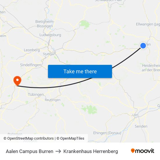Aalen Campus Burren to Krankenhaus Herrenberg map