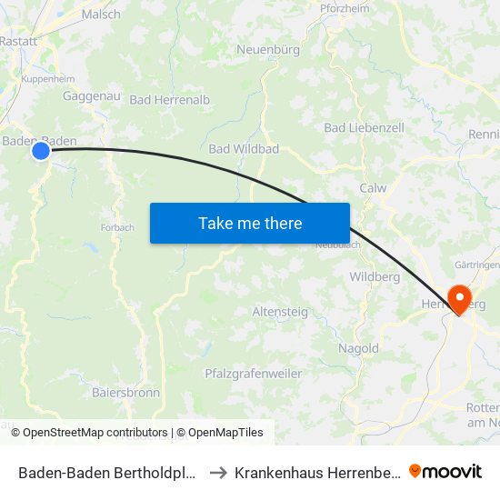 Baden-Baden Bertholdplatz to Krankenhaus Herrenberg map