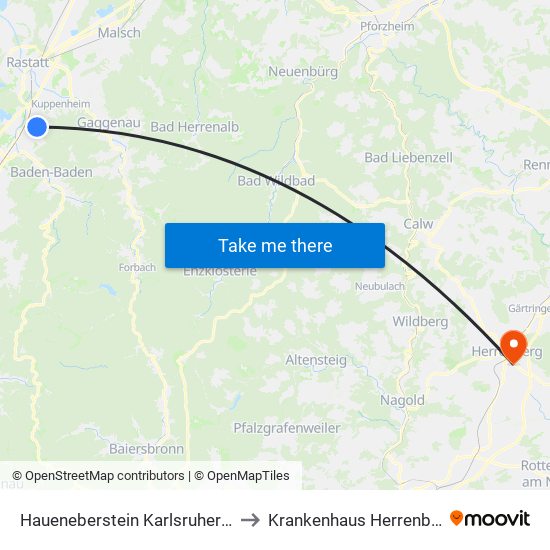 Haueneberstein Karlsruher Str. to Krankenhaus Herrenberg map