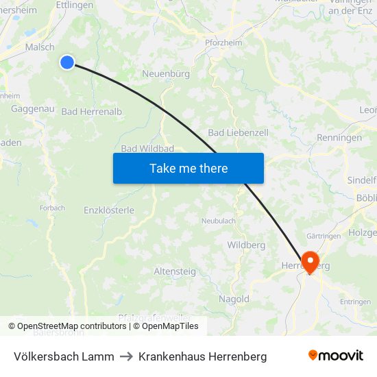 Völkersbach Lamm to Krankenhaus Herrenberg map