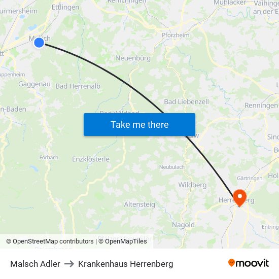 Malsch Adler to Krankenhaus Herrenberg map