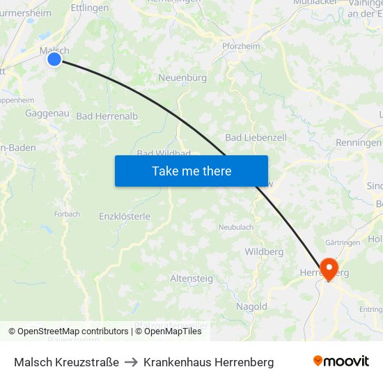 Malsch Kreuzstraße to Krankenhaus Herrenberg map