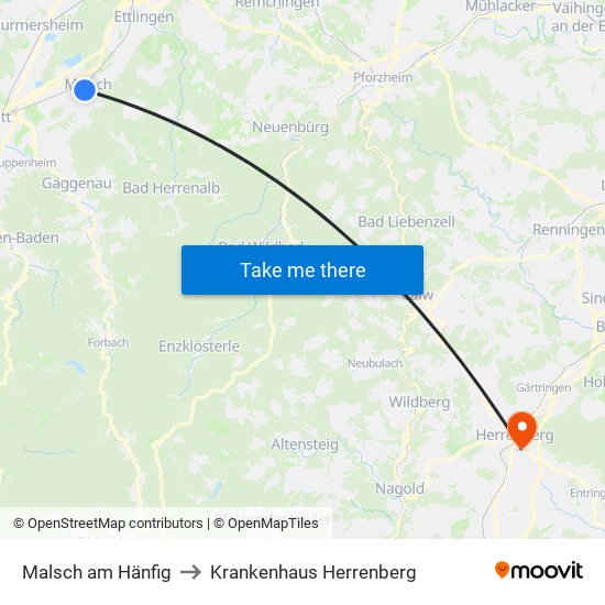 Malsch am Hänfig to Krankenhaus Herrenberg map