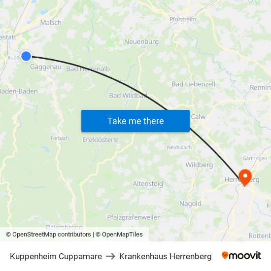 Kuppenheim Cuppamare to Krankenhaus Herrenberg map