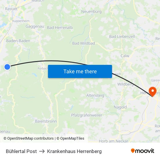 Bühlertal Post to Krankenhaus Herrenberg map