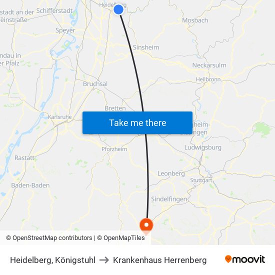 Heidelberg, Königstuhl to Krankenhaus Herrenberg map