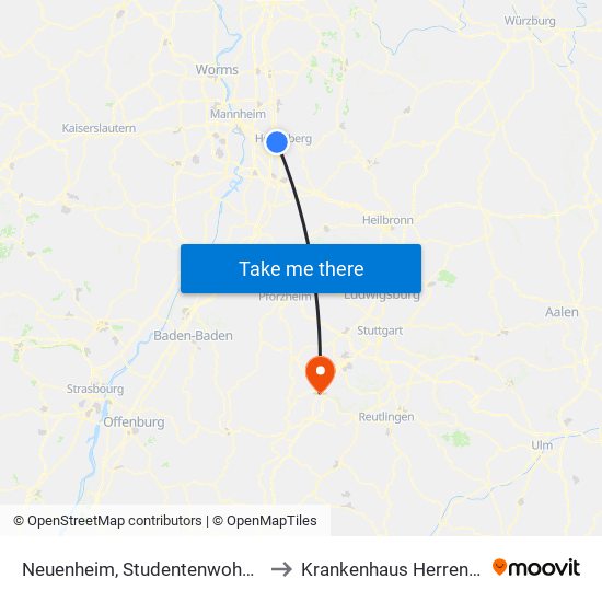 Neuenheim, Studentenwohnheim to Krankenhaus Herrenberg map