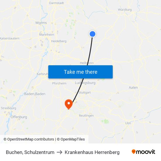 Buchen, Schulzentrum to Krankenhaus Herrenberg map