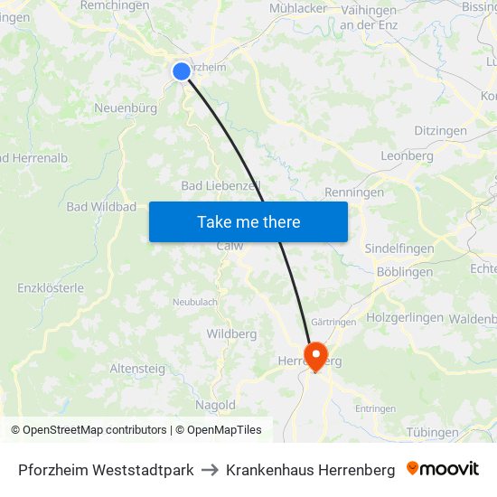 Pforzheim Weststadtpark to Krankenhaus Herrenberg map