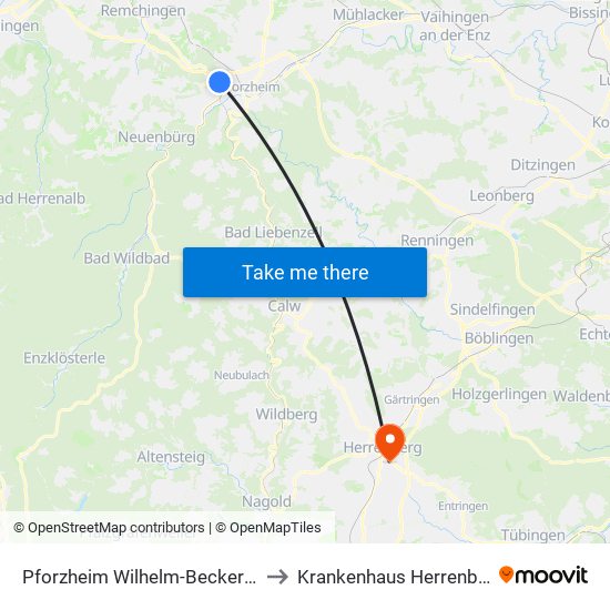 Pforzheim Wilhelm-Becker-Str. to Krankenhaus Herrenberg map