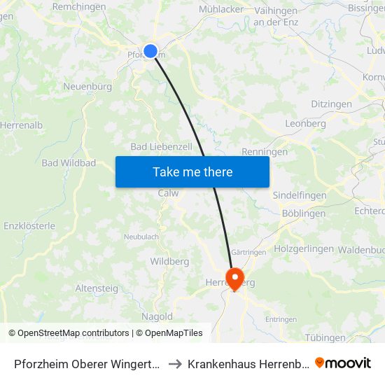 Pforzheim Oberer Wingertweg to Krankenhaus Herrenberg map