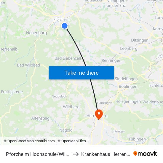 Pforzheim Hochschule/Wildpark to Krankenhaus Herrenberg map