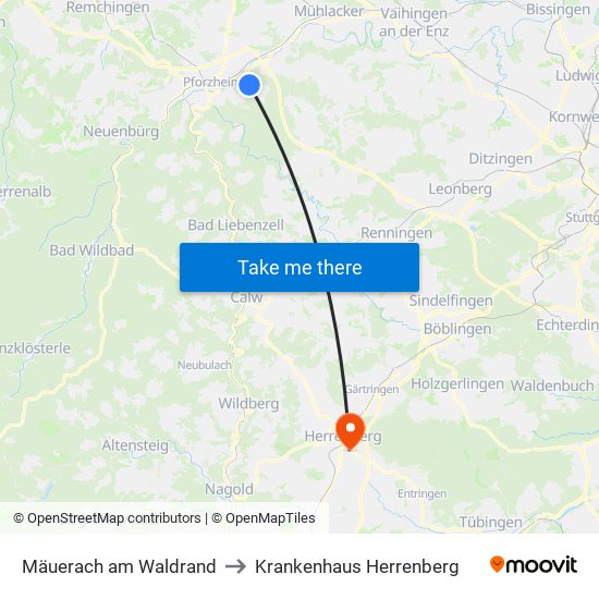 Mäuerach am Waldrand to Krankenhaus Herrenberg map