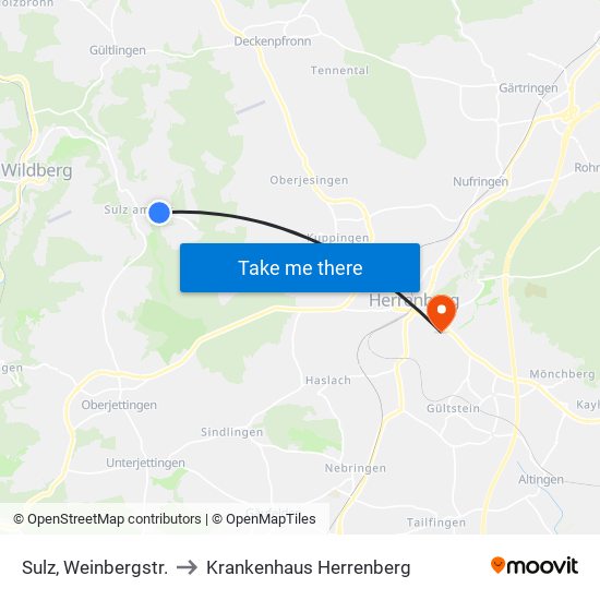 Sulz, Weinbergstr. to Krankenhaus Herrenberg map