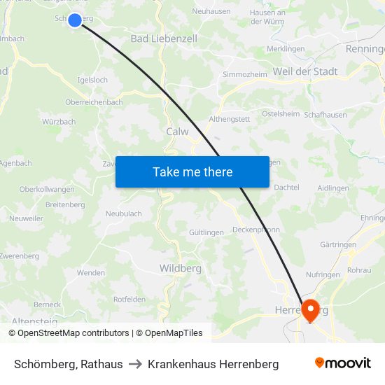 Schömberg, Rathaus to Krankenhaus Herrenberg map