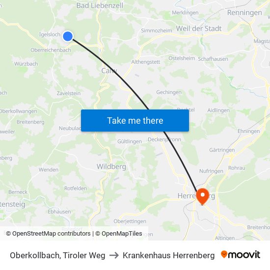 Oberkollbach, Tiroler Weg to Krankenhaus Herrenberg map