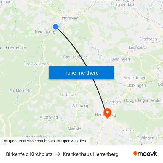 Birkenfeld Kirchplatz to Krankenhaus Herrenberg map