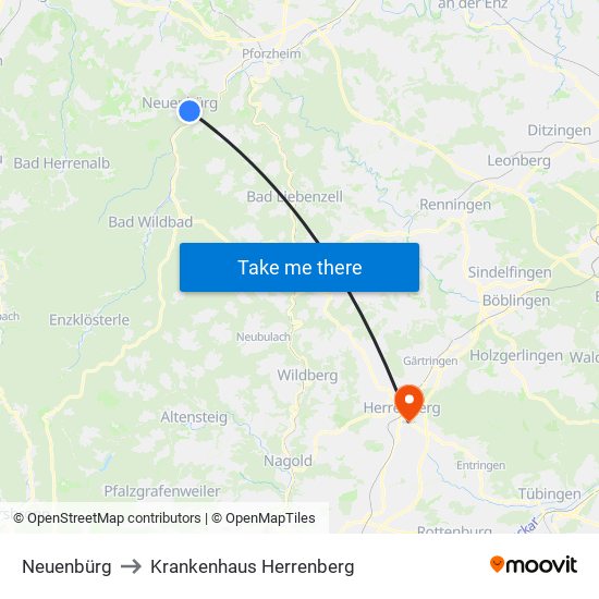 Neuenbürg to Krankenhaus Herrenberg map