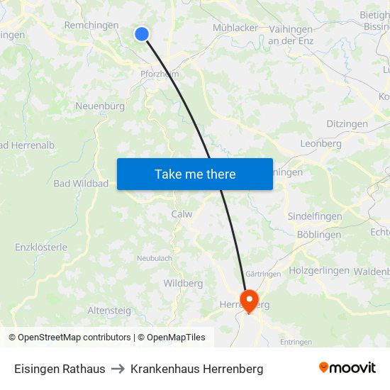 Eisingen Rathaus to Krankenhaus Herrenberg map