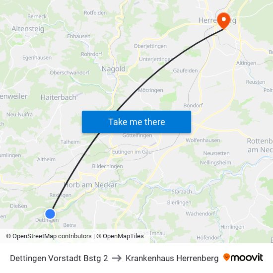 Dettingen Vorstadt Bstg 2 to Krankenhaus Herrenberg map