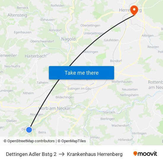 Dettingen Adler Bstg 2 to Krankenhaus Herrenberg map