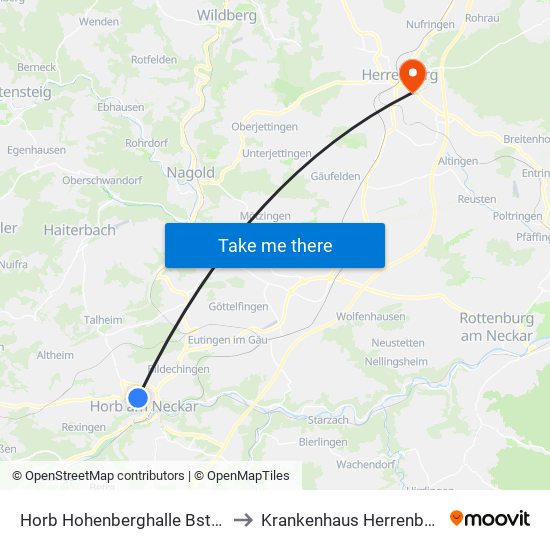 Horb Hohenberghalle Bstg 2 to Krankenhaus Herrenberg map