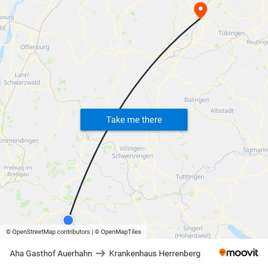 Aha Gasthof Auerhahn to Krankenhaus Herrenberg map