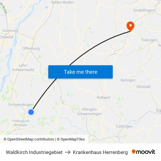 Waldkirch Industriegebiet to Krankenhaus Herrenberg map