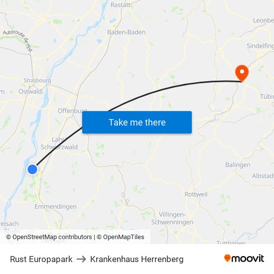 Rust Europapark to Krankenhaus Herrenberg map